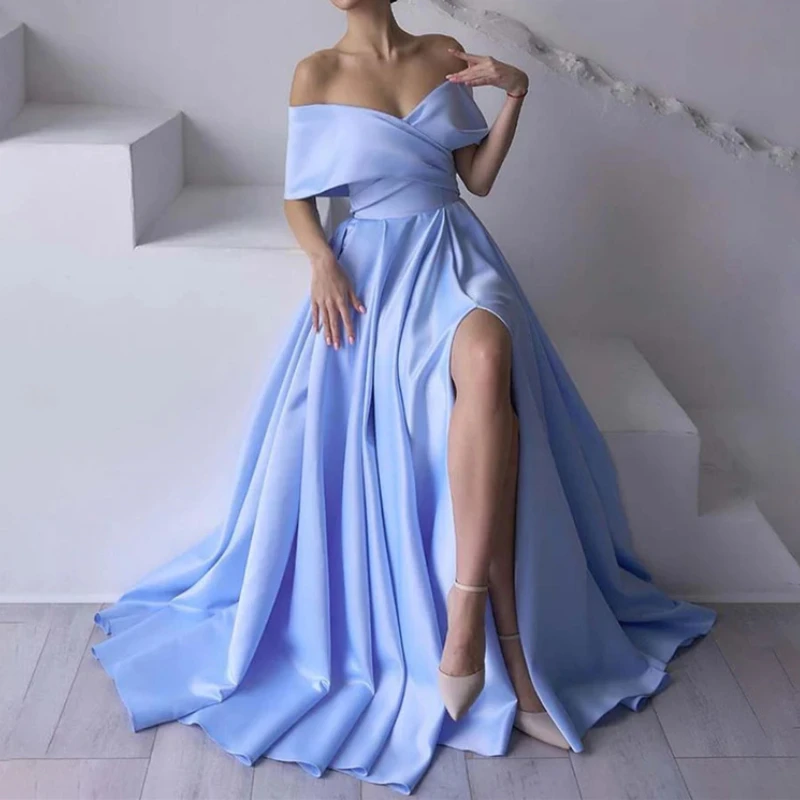 

Elegant Simple Slash Neck Slim Satin Prom Dresses High End Luxury Shinny A-line Long Evening Gown Back Lace Up Design Vestidos