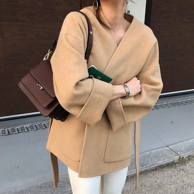 2024 Autumn Winter New Minimalist Elegant Thick Warm Woolen Coat Korea Style Plus Size Blends Wool Coats Feminino Lazy Overcoat