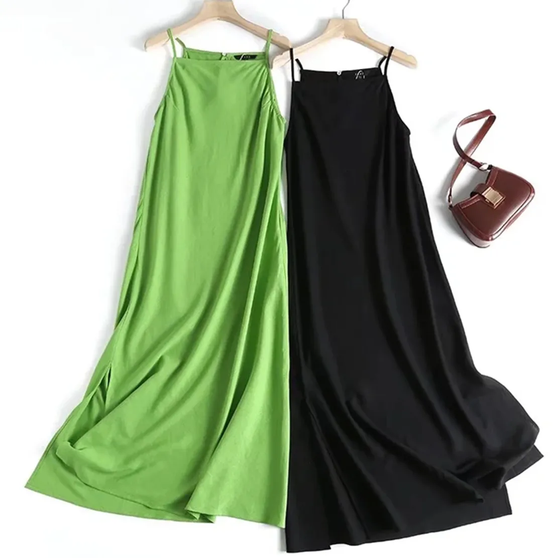 

Jenny&Dave Indie Folk Green Color Cotton Linen Suspender Dress Summer French Style Sexy Fashion Casual Midi Dress Women