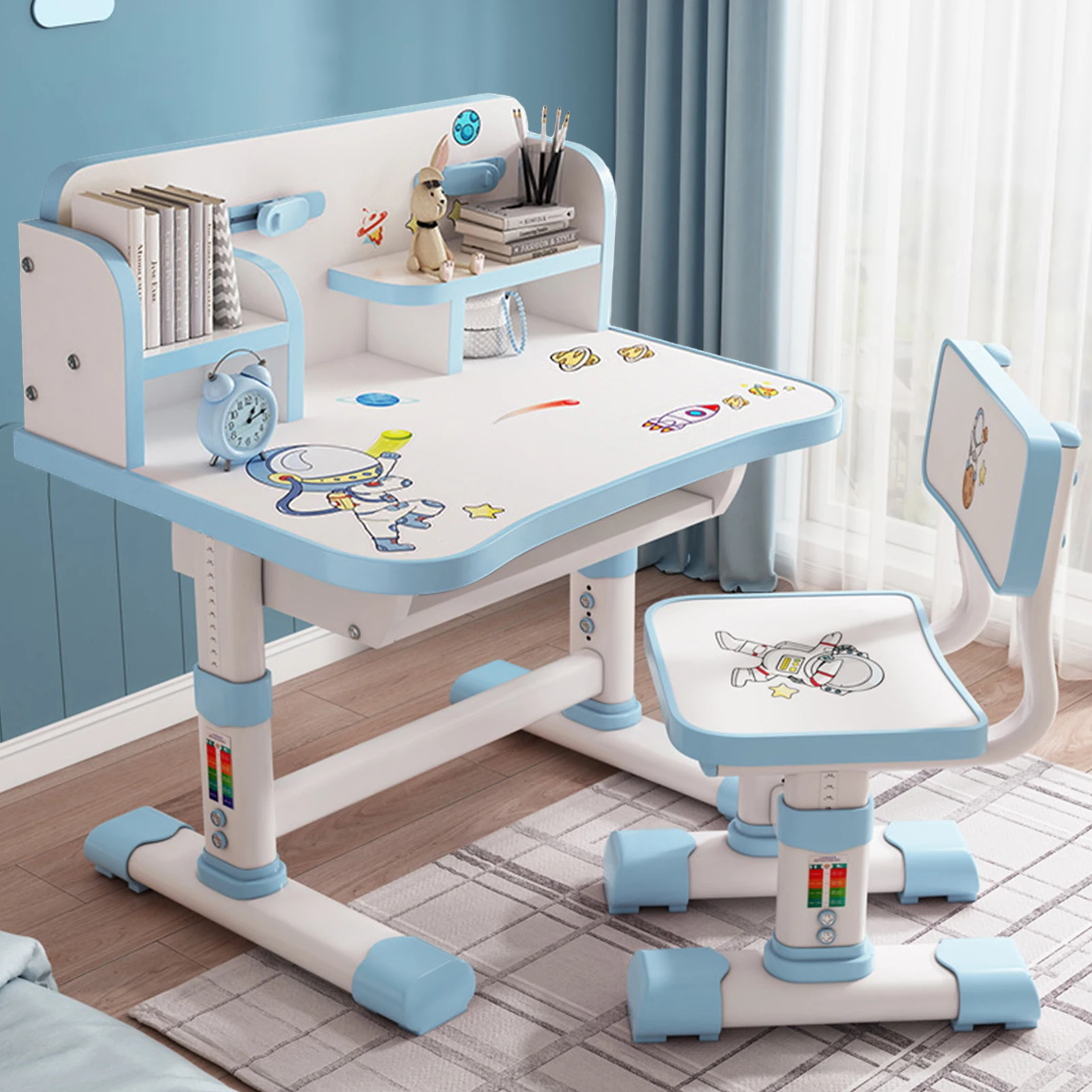 Height Adjustable Children School Study Table Chair Set with Cartoon Pattern Ergonomic Desk Chair with Large Writing Board
