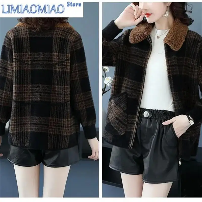 New Autumn Winter Short Thick Mother Coat Plaid Fur Collar Jacket Imitation Mink Fleece Middle Old Age Women's Flip Collar Coat