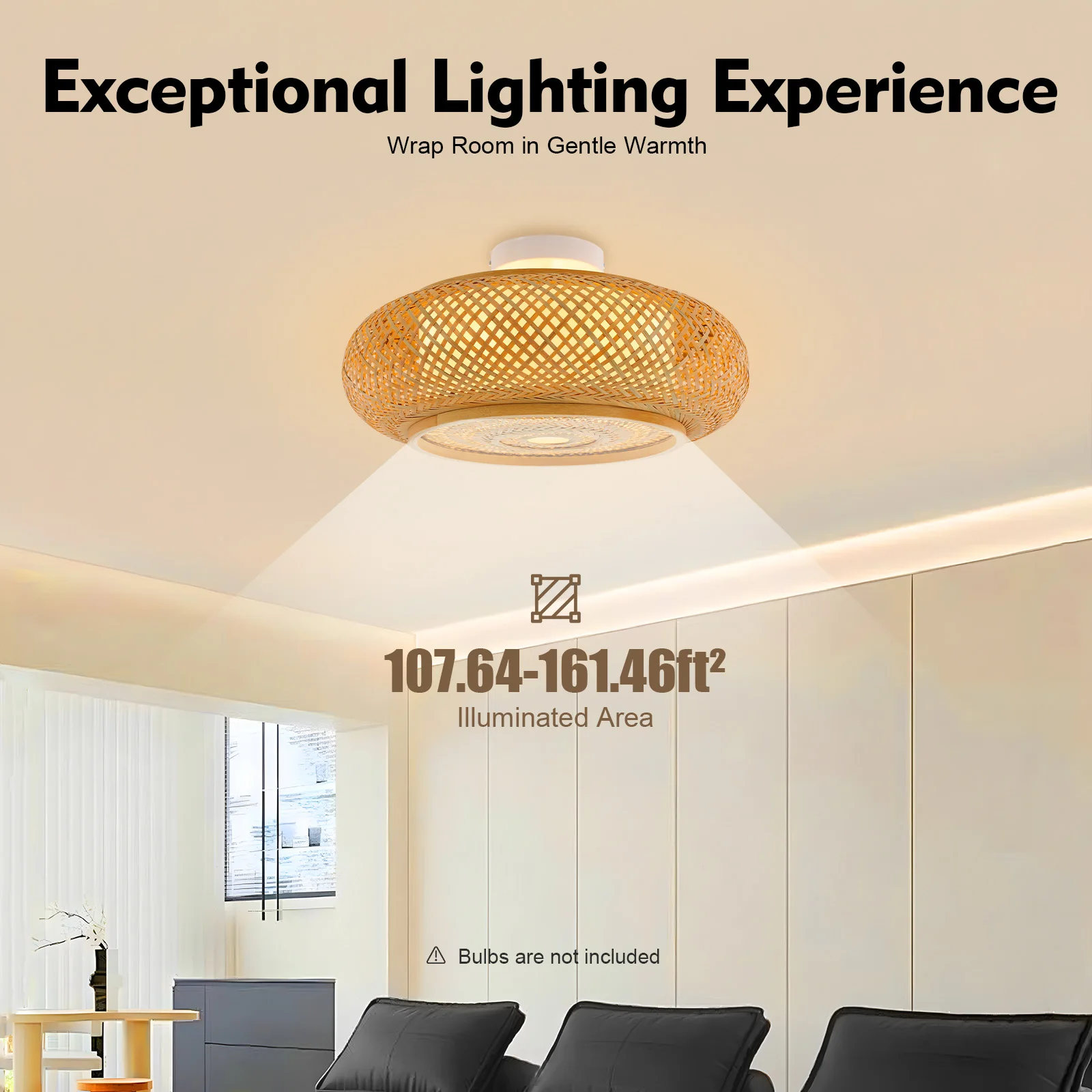 Handwoven Bamboo Rattan Ceiling Light Fixture, Modern Woven Flush Mount Pendant for Living Room Bedroom Kitchen, 3x E27