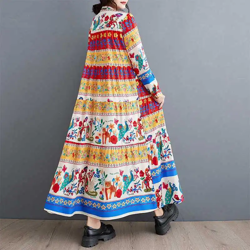Women's Cotton Linen Dress Long Sleeve O Neck Loose
