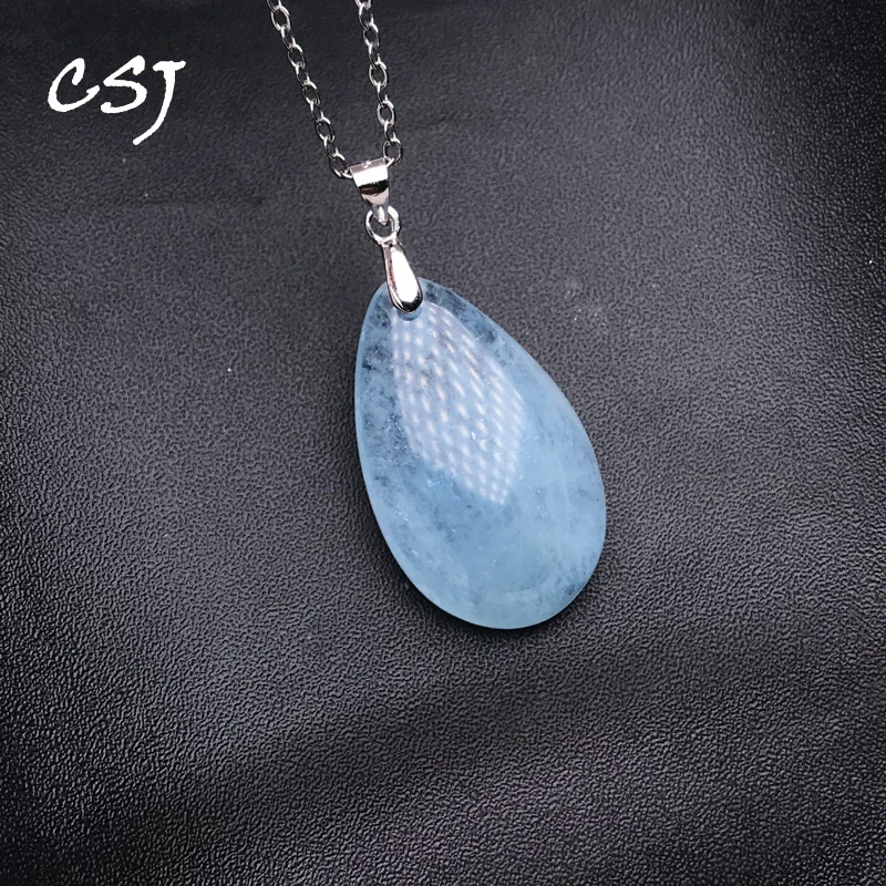 CSJ Natural Aquamarine Sterling 925 Silver Water Drop Energy Gemstone Fine Jewelry Necklace for Women Party Gift pendant necklace