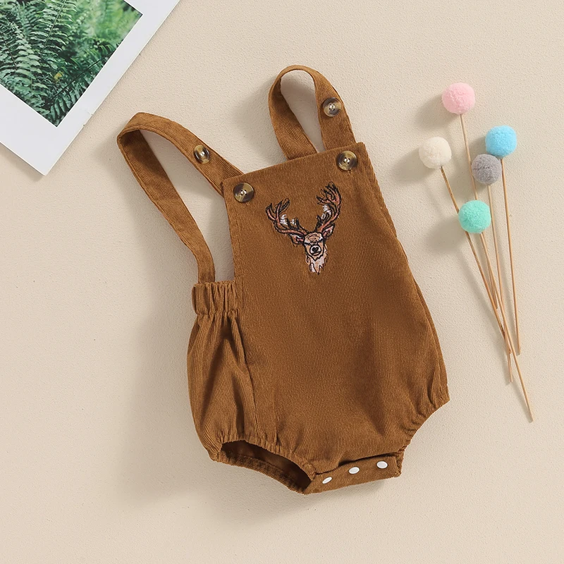 

Mubineo Toddler Baby Boys Girls Corduroy Deer Romper Sleeveless Embroidered Antler Hunting Overalls Fashion Cute Khaki Clothes