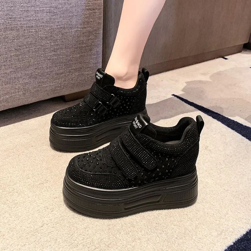 10cm 에어 메쉬 합성 가죽 Chunky Sneaker 여성 편안한 2025 가을 블링 라인 석 플랫폼 웨지 Fsahion 발목 부츠 신발