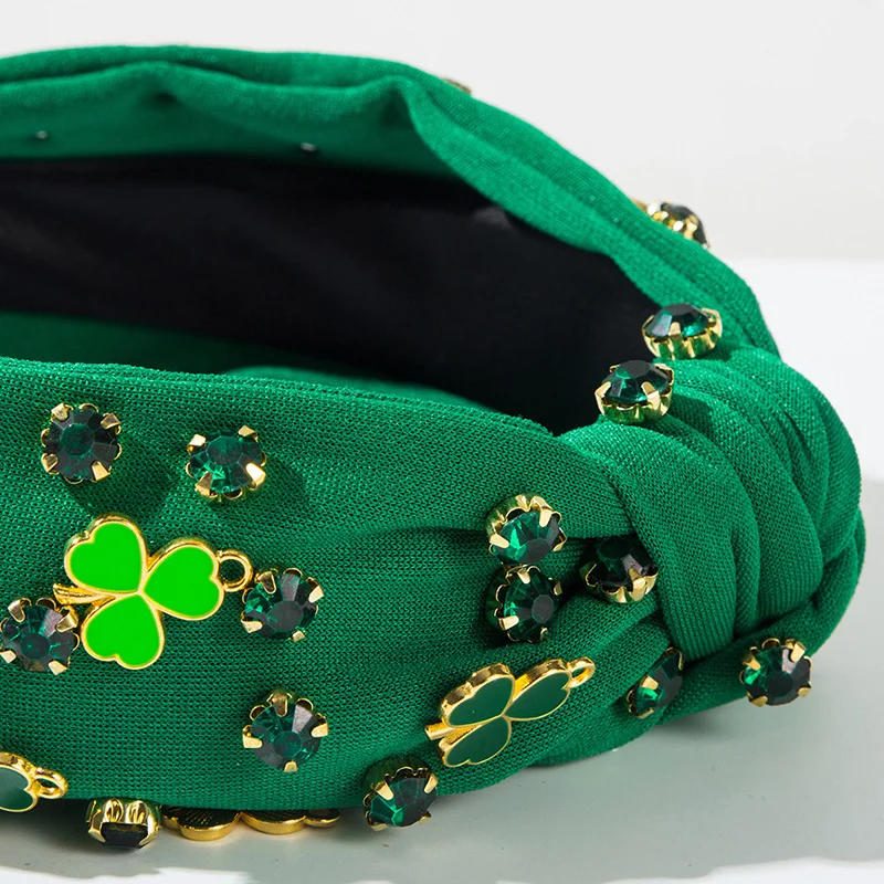 Women Irish Knotted Headbands Lucky Shamrock Rhinestone Wide Hair Hoop Cross Knot Non Slip Turban Hoops