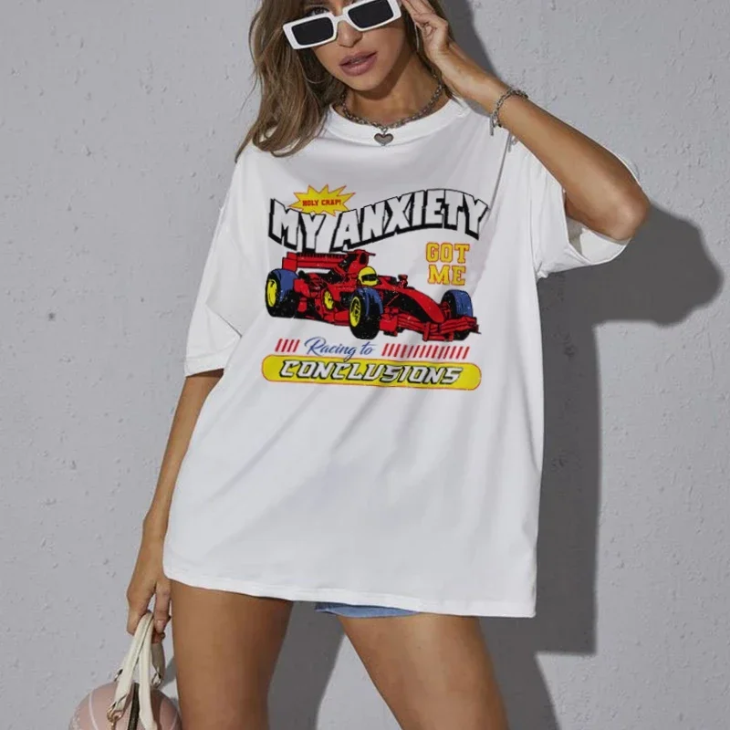 Angst Lustiges Meme T-Shirt Damen Herren Übergroßes Vintage Ästhetisches Rennwagen Grafik T-Shirts Mental Health T-Shirt Humor Tops Geschenk