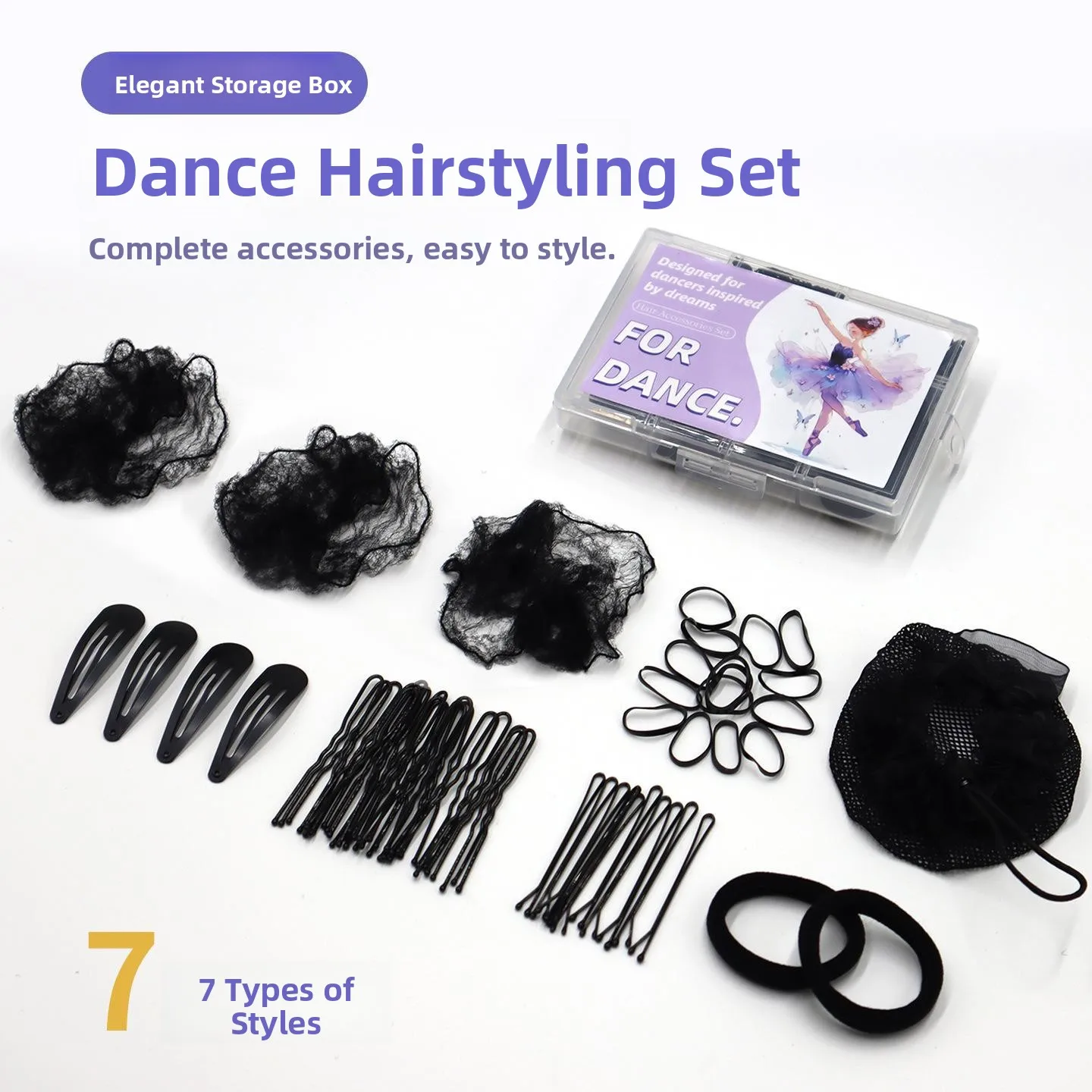 Children's Ballet Dance Hair Accessories Set - Elegant Boxed Hair Ties, Bun Net, and Hairpins