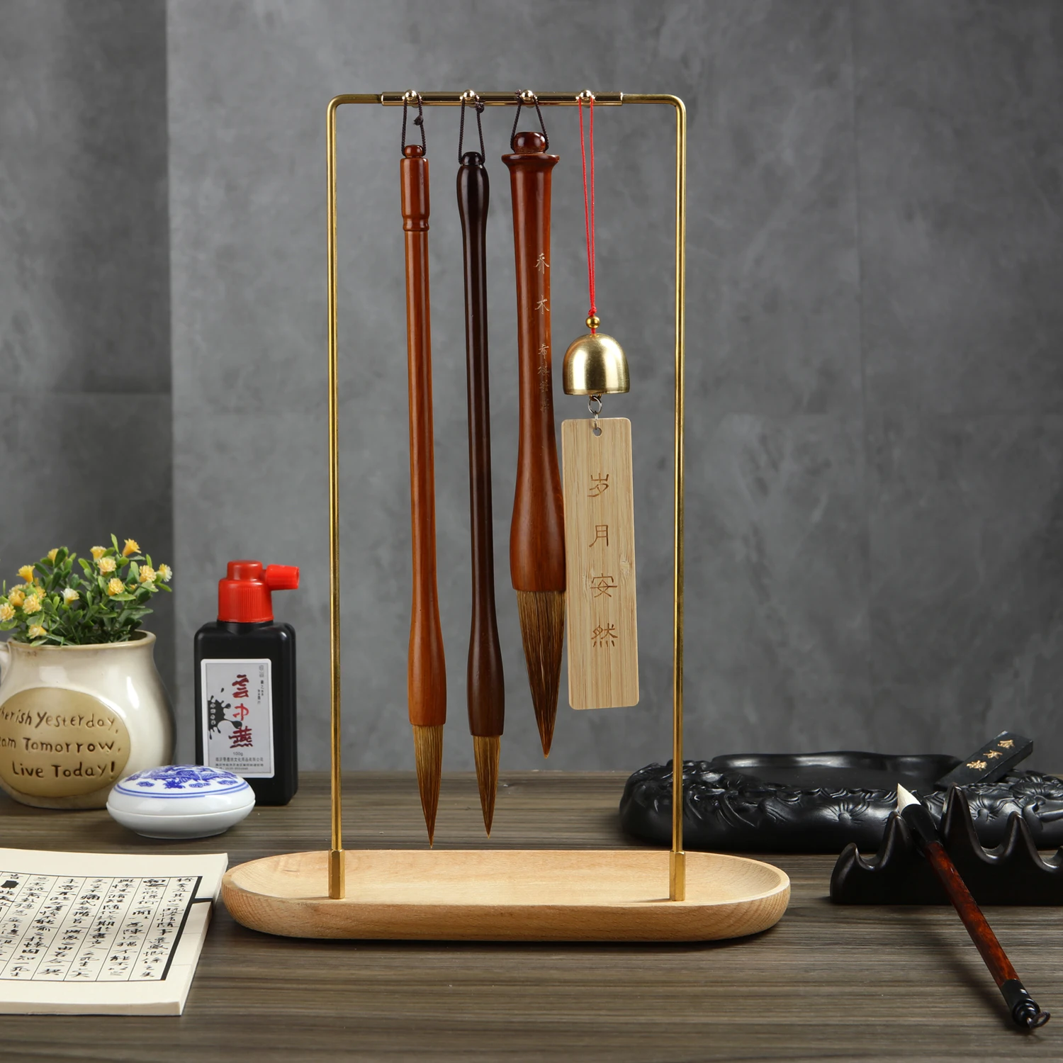 Metal Chinese Brush Pen Holder with Wooden Base Brass Calligraphy Rest Ink Hanger 8 Needles Writing Brush Holder