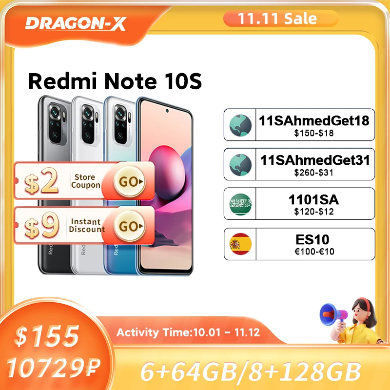 هاتف شاومي ريدمي نوت 10S النسخة العالمية 64GB/128GB هيليو G95 6.43 "AMOLED DotDisplay 5000mAh الهاتف الذكي 64MP رباعية الكاميرا 33 واط - 