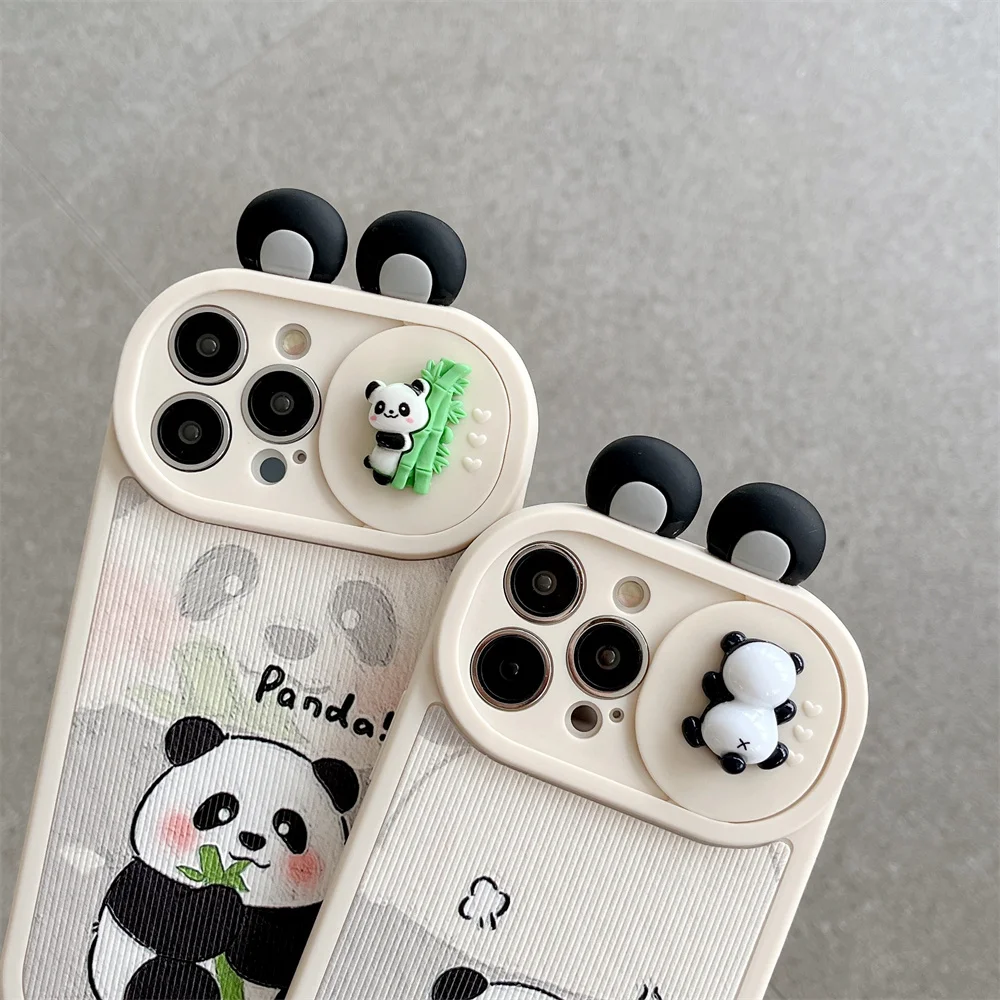 3D Panda Slide Camera Protection Silicone Phone Case with Cartoon Ears and Shockproof Back Cover