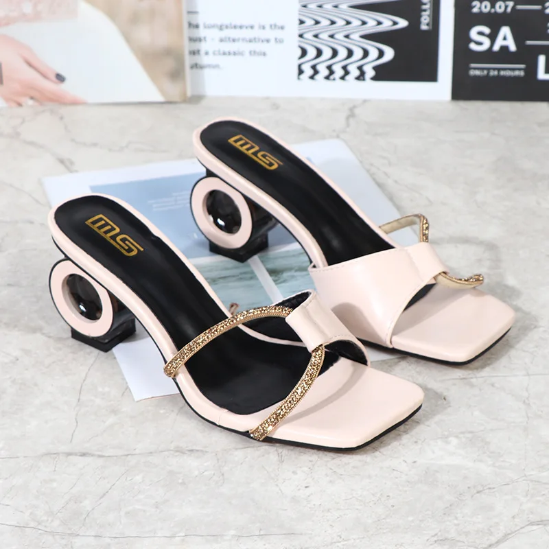 Plus Size 42 Women's Shoes 2022 Summer New PU Metal Chain High Heel Sandals Open Toe Fashion Simple Outer Women's Slippers