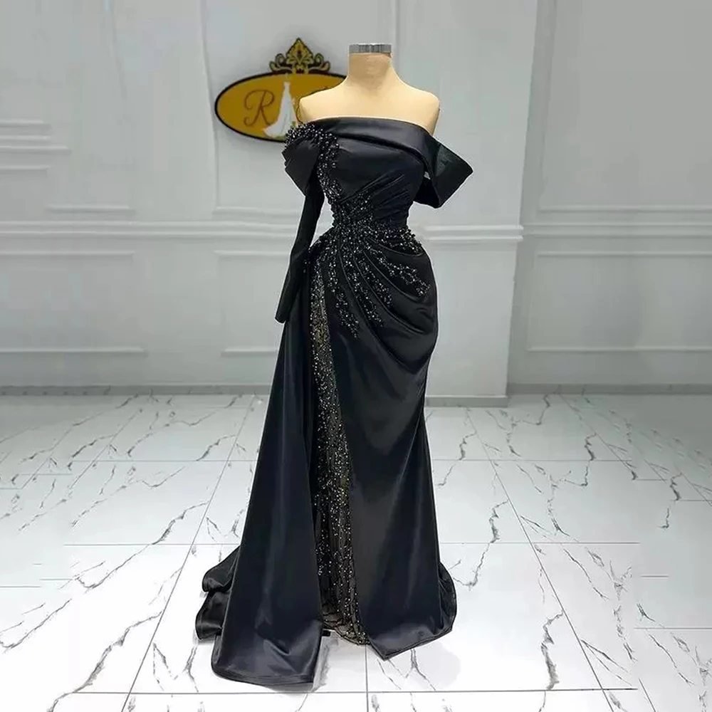 

Msikoods Arabic Black Formal Evening Dresses Off The Shoulder Ruched Satin Gorgeous Beading Sequins Women Prom Party Gowns