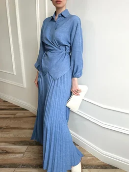 New Muslim Female Temperament Long Sleeve Tie Irregular Design Shirt Pleated Half-body Dress Multi-field and Wearable Sets 2024