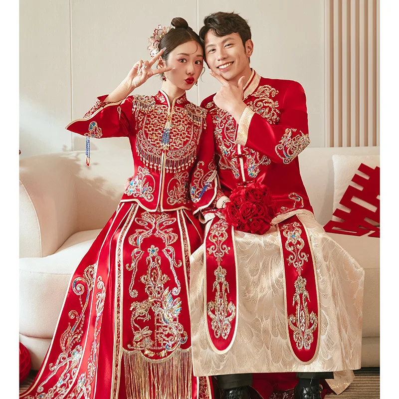Satin heavy industry Xiuhe dress bridal wedding dress plus size chinese wedding show kimono phoenix crown xia wedding dress кресло aerocool crown plus aerosuede burgundy red