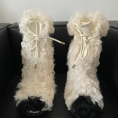 

Flat Woolen Shoes For Women Autumn And Winter Femme Round Toe Mixed Colors Lace Up Snow Boots Outside Wear Short Warm Boots