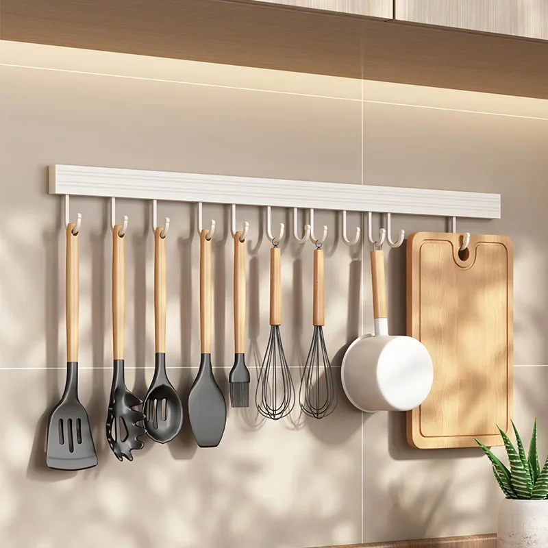 Aluminum Alloy Hooks Rack Wall Mounted Drill-free Kitchen Utensils Storage Row Hook Holder Bathroom Robe Towel Coat Hangers 4