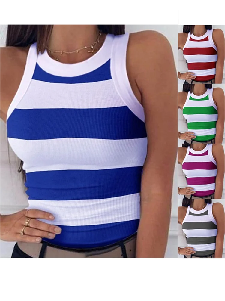 Summer Cross Border Digital Printing Tshirt Women's Round Neck Racerback Sexy Tank Top Stripe