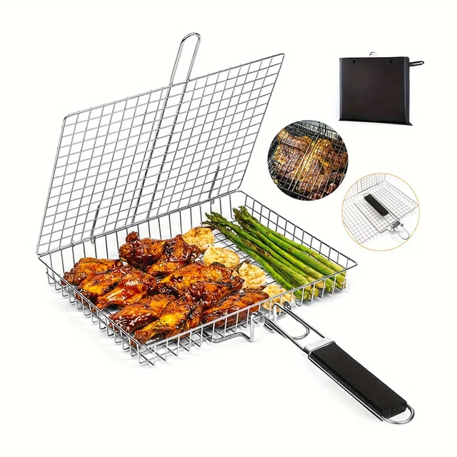 Support de barbecue pliable en acier inoxydable, panier de gril épais pour poulet avec grande capacité et poignée 1