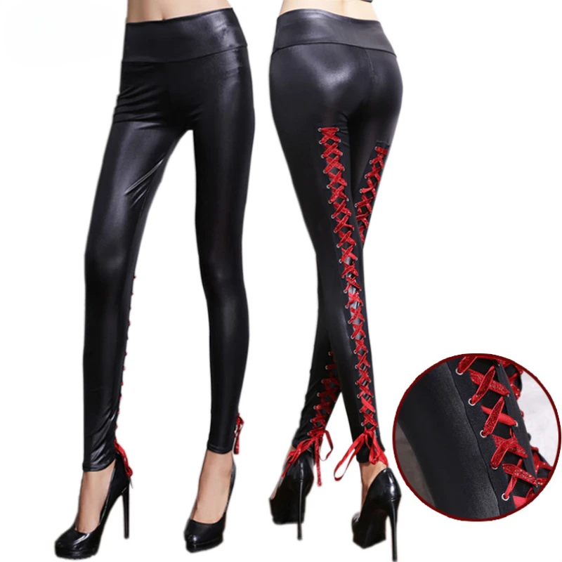 

New Sexy Matte Faux Leather Leggings For Women High Waist Leg Tie Skinny Leather Pants Shiny Nightclub Bar Performance Costume