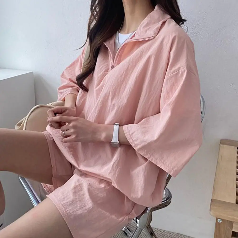 여름 여성용 탑 반바지 세트, 단색 지퍼 넥 턴다운 칼라 포켓, 반팔 운동복, 레이디 스포츠 세트, 2 개/세트