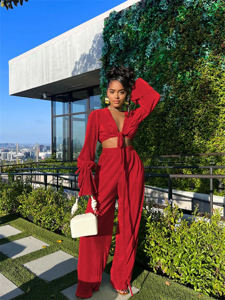 Wmstar Two Piece Set Women's Clothing Pants Sets Solid Ribbing Crop Top Wide Leg Pants Matching Summer Wholesale Dropshipping