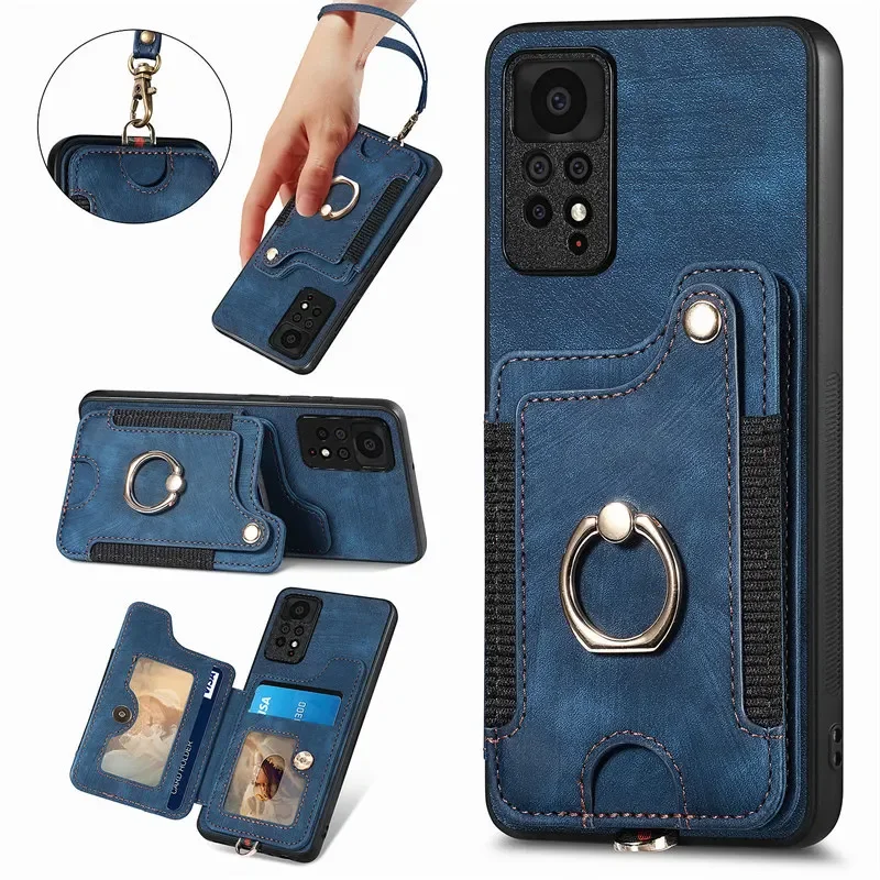 Leather Flip Phone Case with Ring Holder and RFID Wallet Card Strap Cover