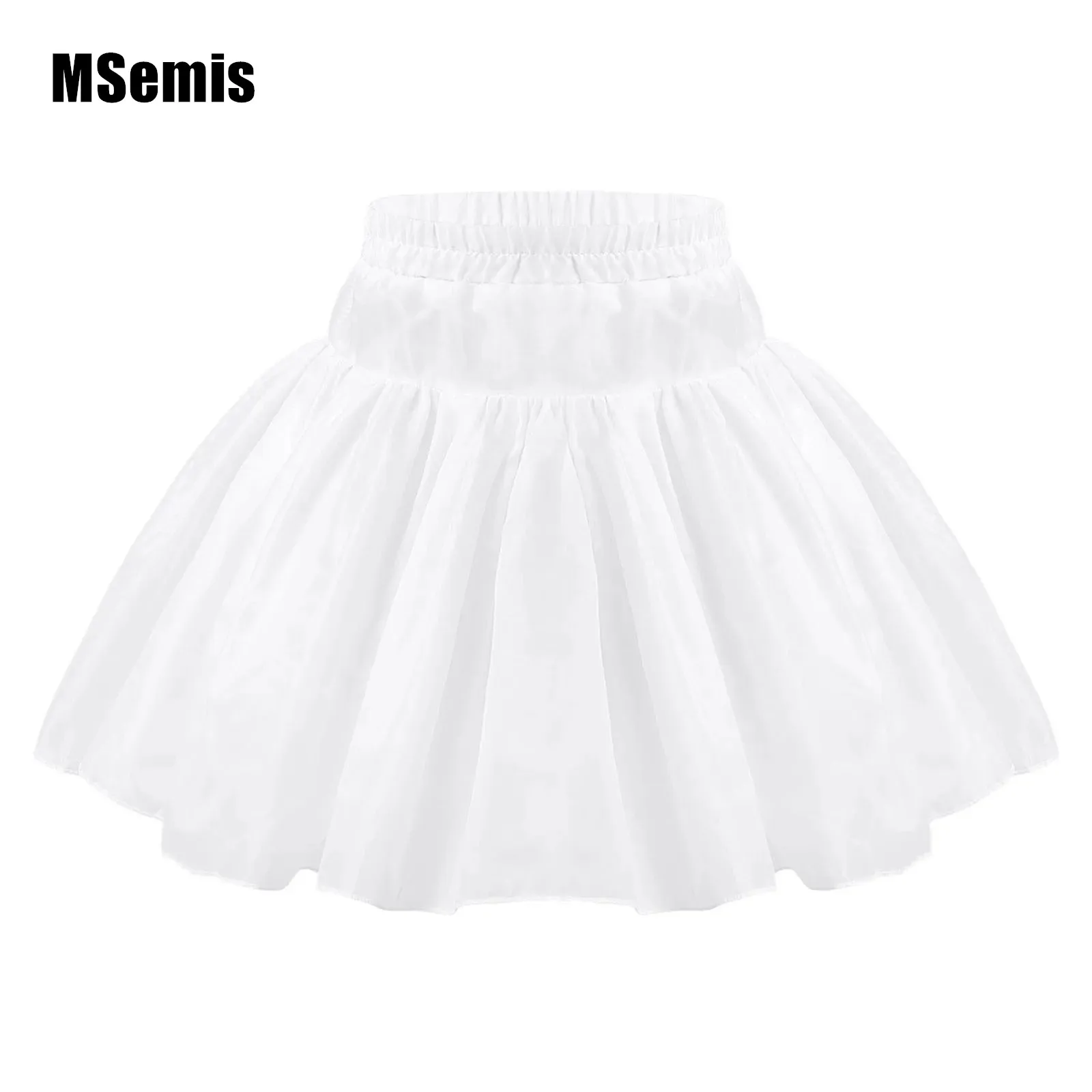 

Kids Girls White Underskirt 2 Layers Elastic Waistband Above Knee Length A-line Pleated Ruffle Splice Petticoat Crinoline