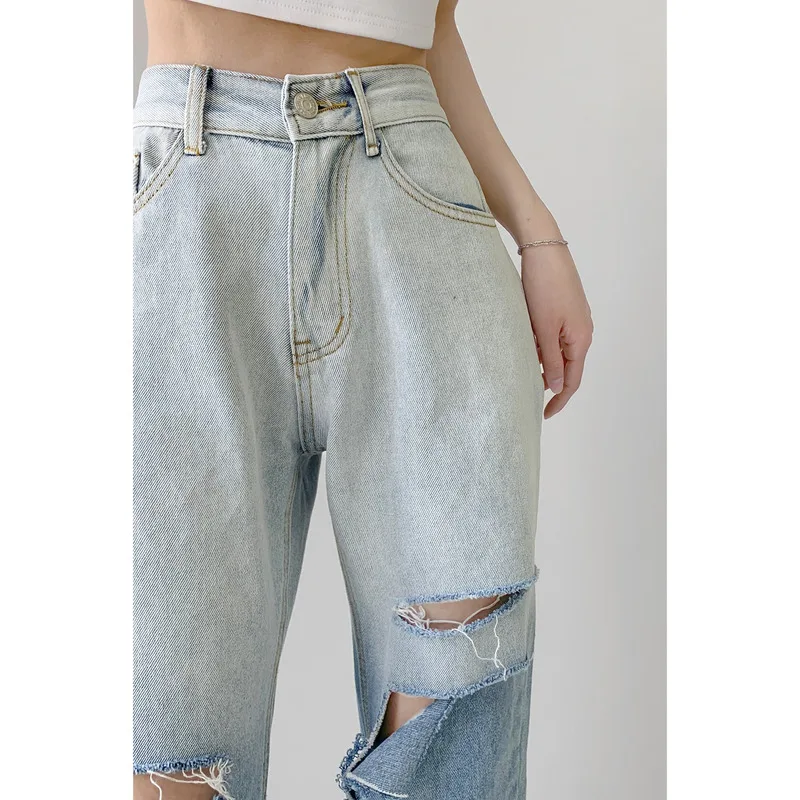 Denim Planet Gradient Denim Jeans for Women's 2024 Summer New High Waisted Loose Fitting Vertical Wide Leg Pants