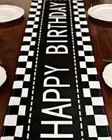 Happy Birthday Black White Checkerboard Linen Table Runner Party Decor Racing Theme  Dining Table Runner Birthday Decorations 2