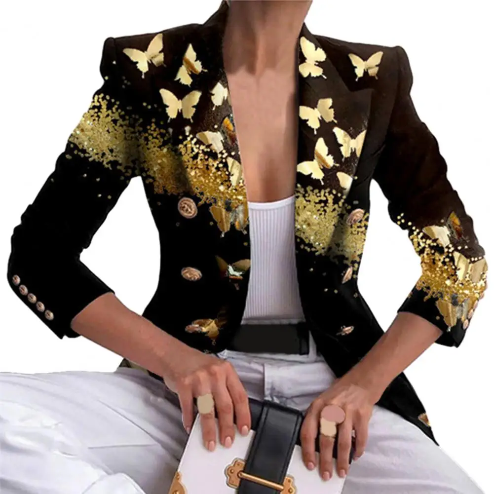 

Autumn Winter Blazer for Women Lapel Color Matching Printing Blazer Double Breasted Buttons Cuffs Slim Short Suit Coat