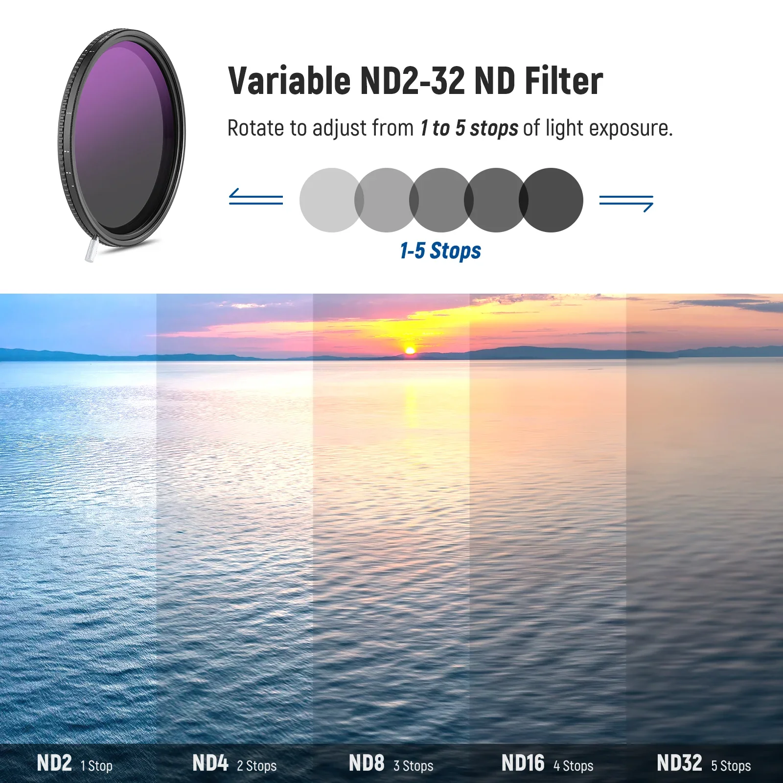 Filtre ND variable K&F Concept Nano-X 67-82mm posé sur une surface, montrant sa finesse et ses reflets multicouches.