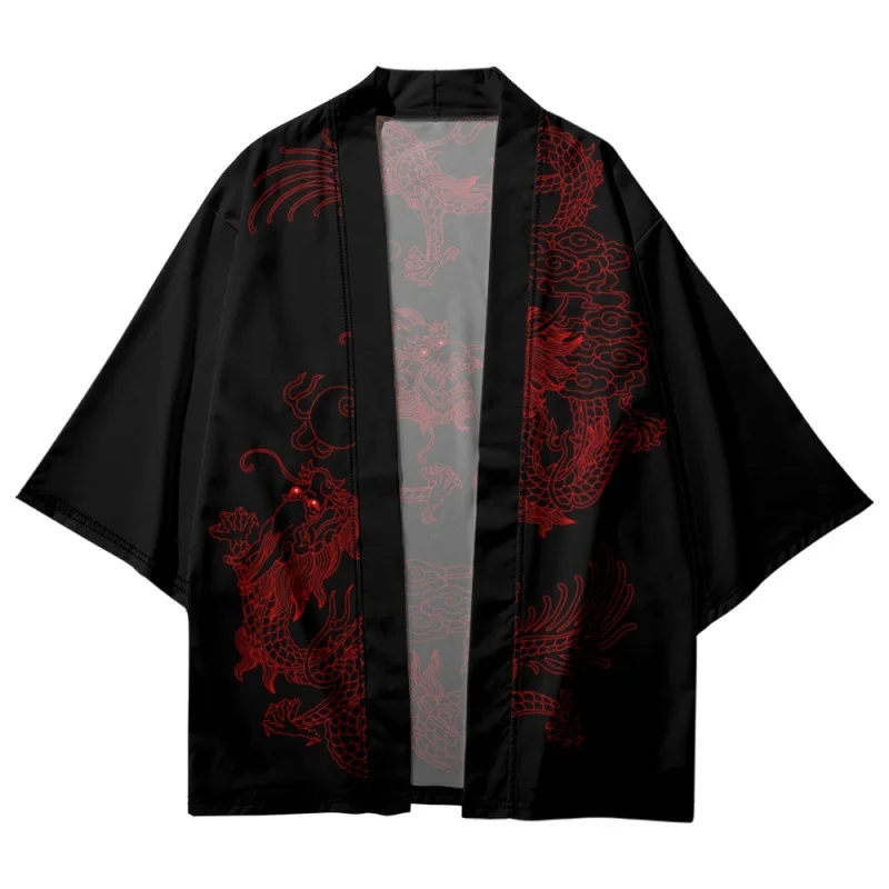 Summer Couple Women Men Japanese Streetwear Red Chinese Dragon Printed Black Kimono Beach Shorts Traditional Cardigan Yukata