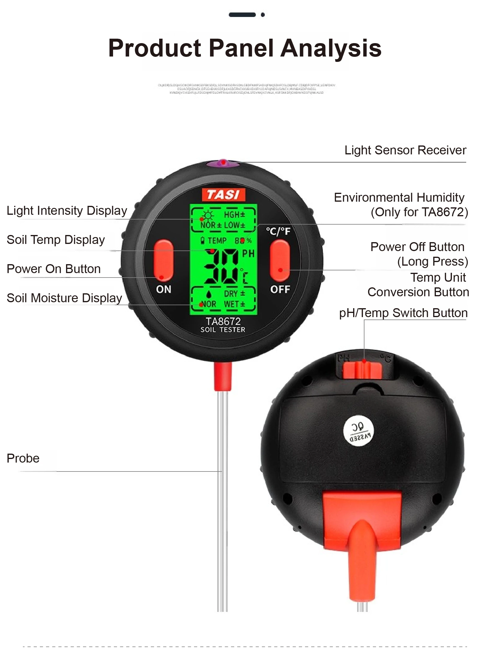 TA8671/TA8672 5-in-1 Soil tester moisture meter pH tester temperature light mete