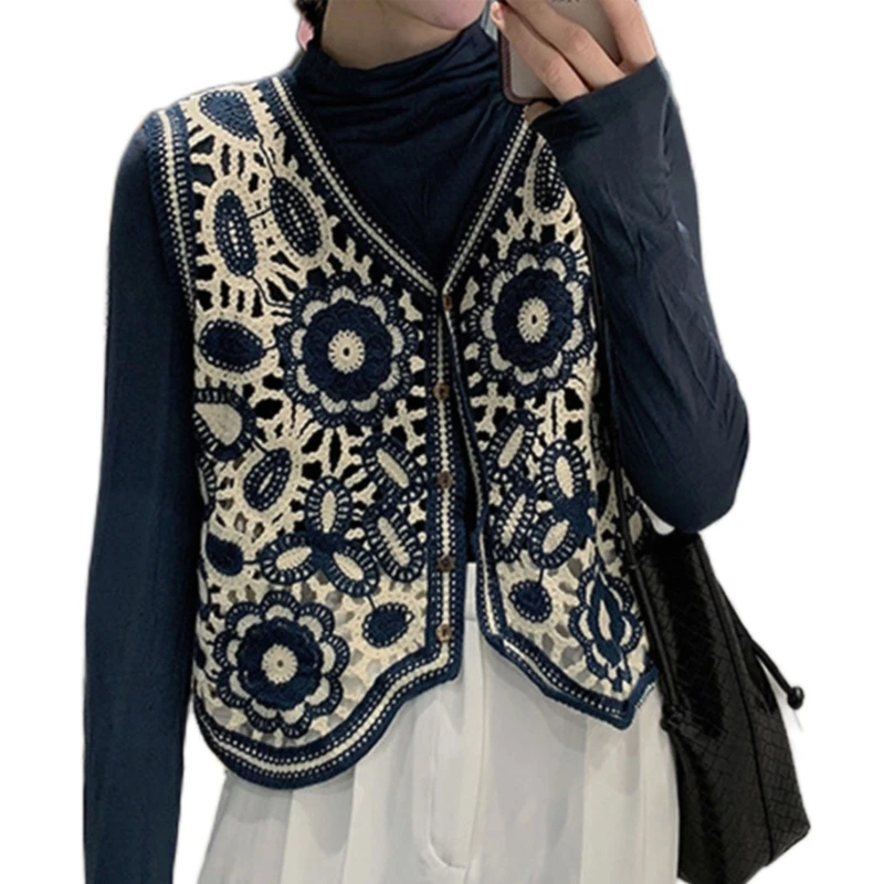 YChao Top Donna Elegante Donne Gilet all'Uncinetto Senza Maniche in Maglia Aperta sul Davanti Camisole Crop Top Cardigan Scavati V Neck Button Down