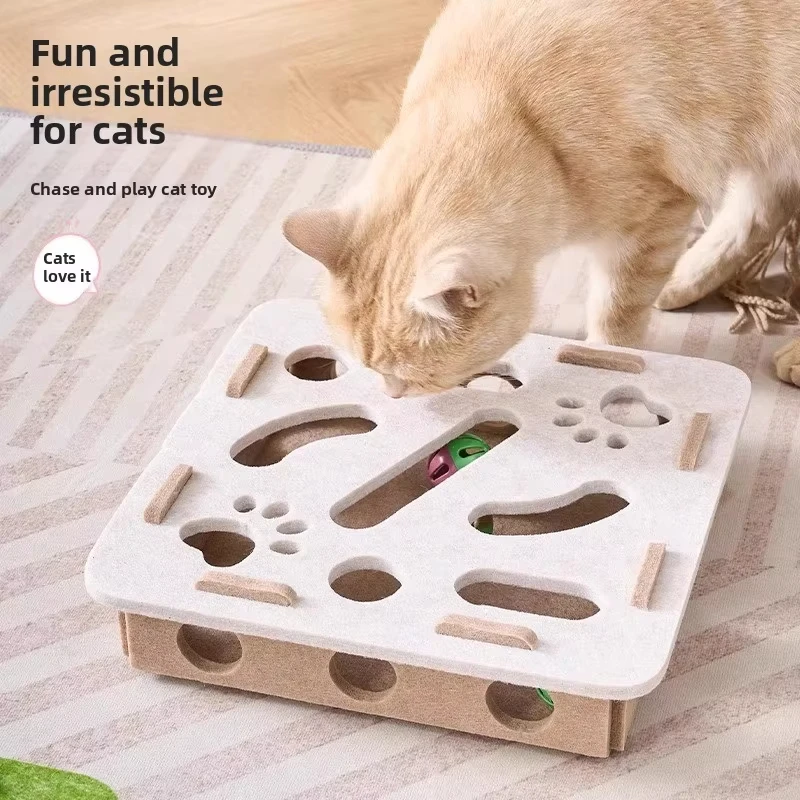 Interactive Cat Toy - Wooden Mouse Whack-a-Mole Puzzle Box, 3 Holes, With Cartoon Toys For Hunting Play