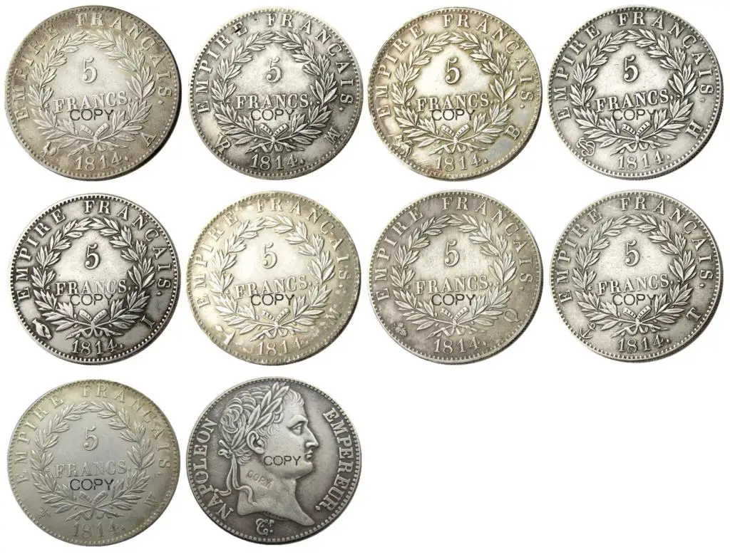

Копировальные монеты, покрытые серебром, Франция, 5 франков, 1814, 9 шт.