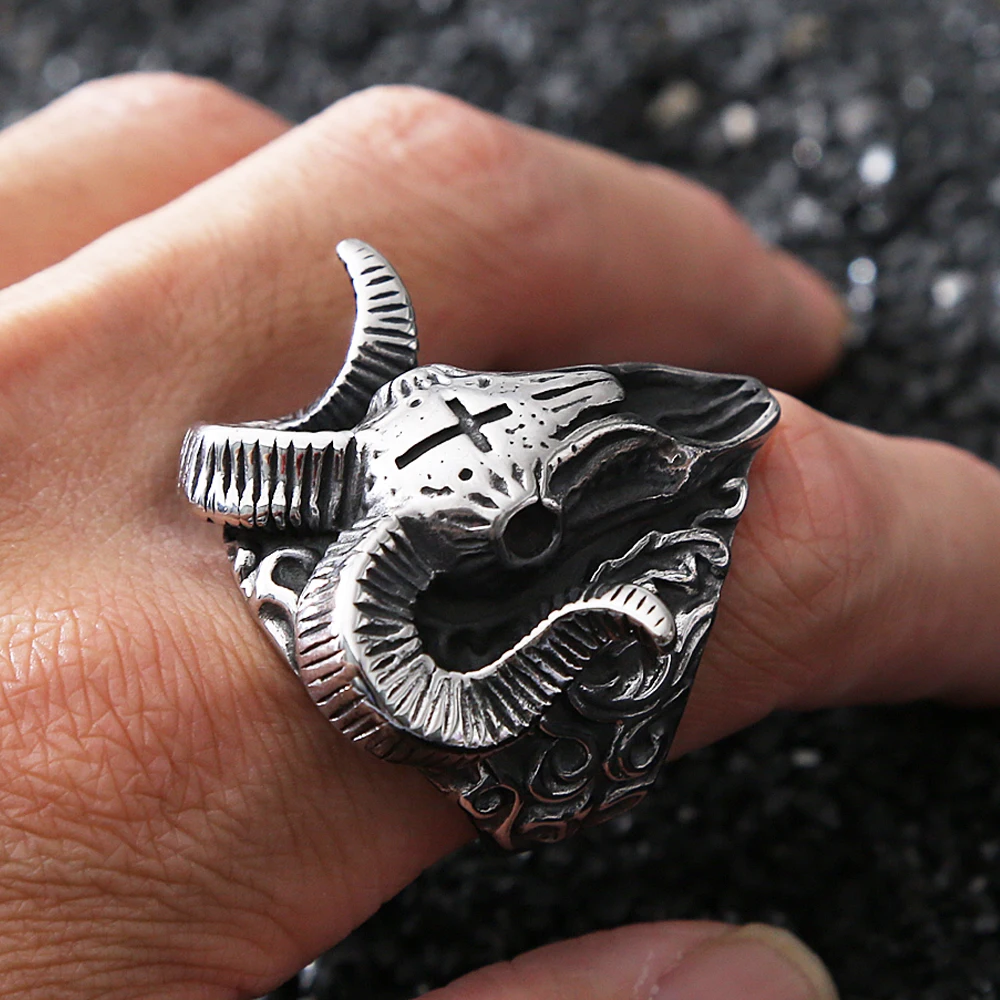 Gothic Lucifer Vintage Sheep Head Rings For Men Punk Hip Hop