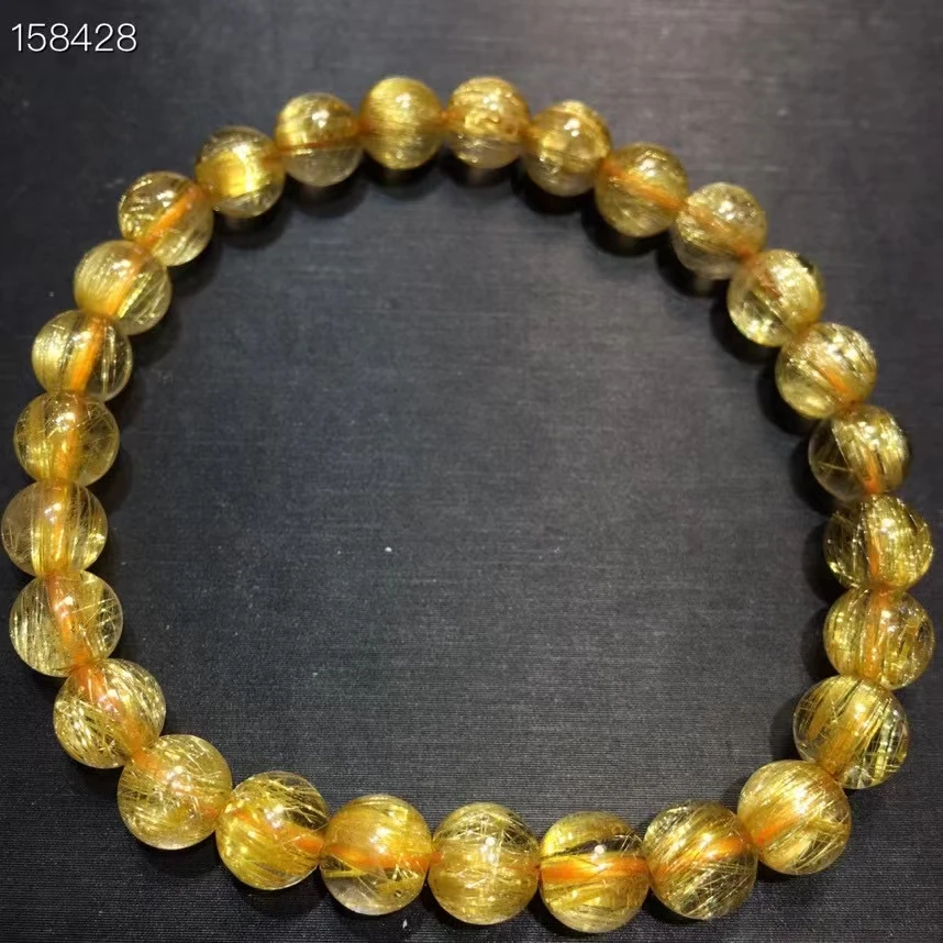 

Natural Gold Rutilated Titanium Quartz Bracelet 7.3mm Woman Men Brazil Wealthy Clear Round Beads Crystal Charms AAAAAA