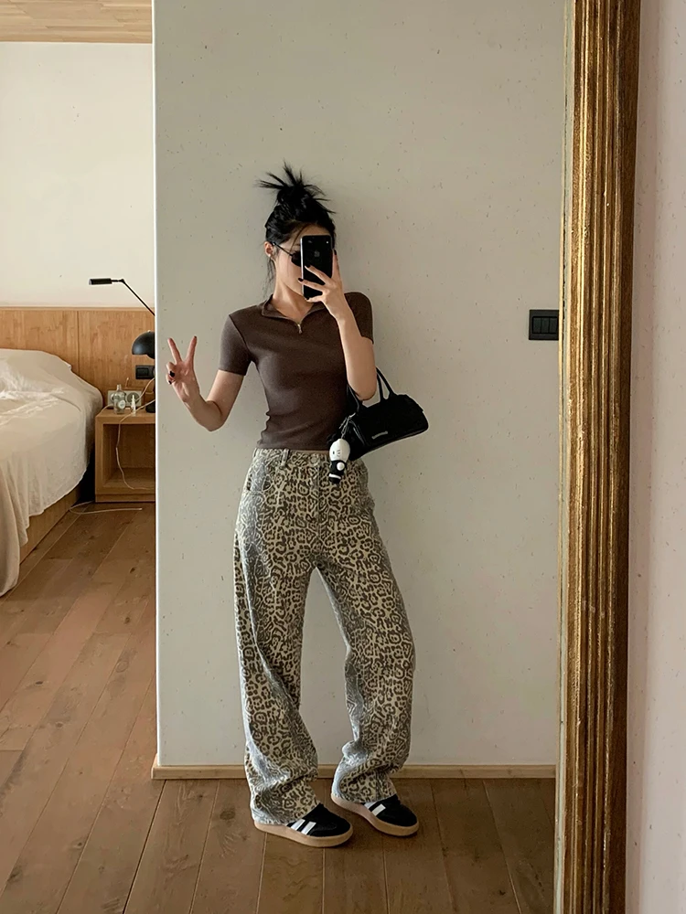 Y2K Leopard Print Jeans Women Harajuku Streetwear Retro Wide Leg Denim Pants Oversized Vintage 90s Hip Hop Trousers Autumn