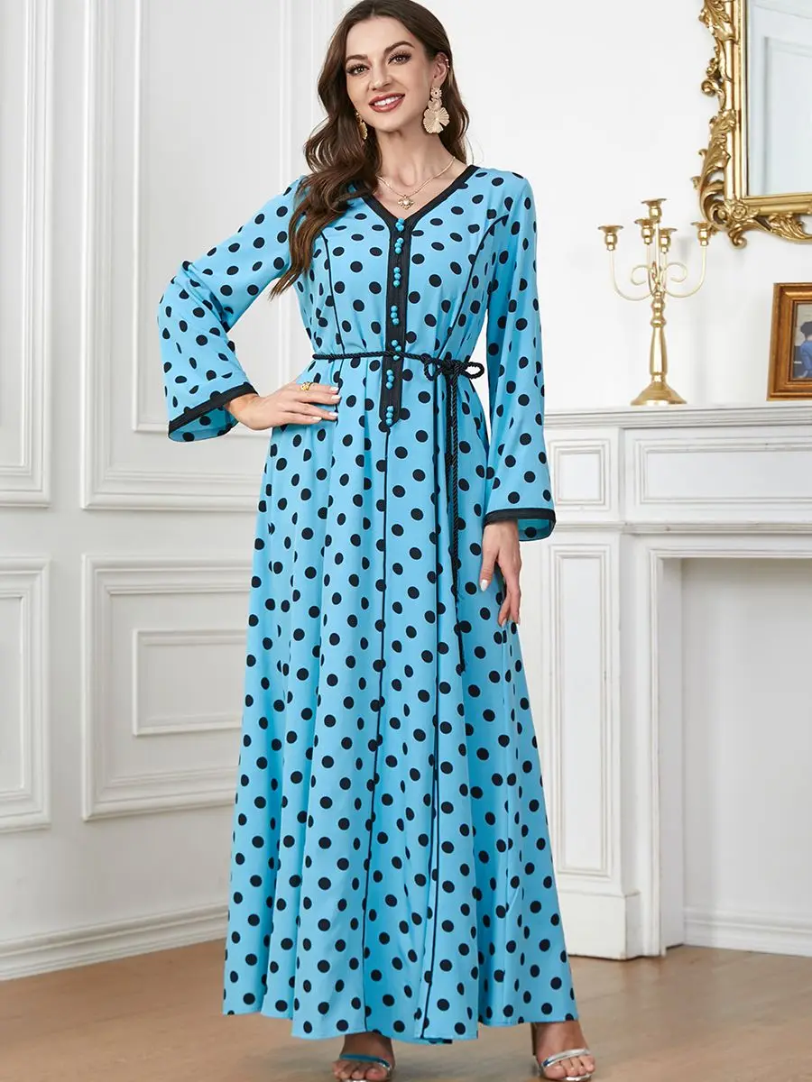 

Siskakia Chic Tape Patchwork Polka Dot Print Arab Dress for Women V Neck Long Sleeve Swing Elegant Muslim Dubai Summer Clothes