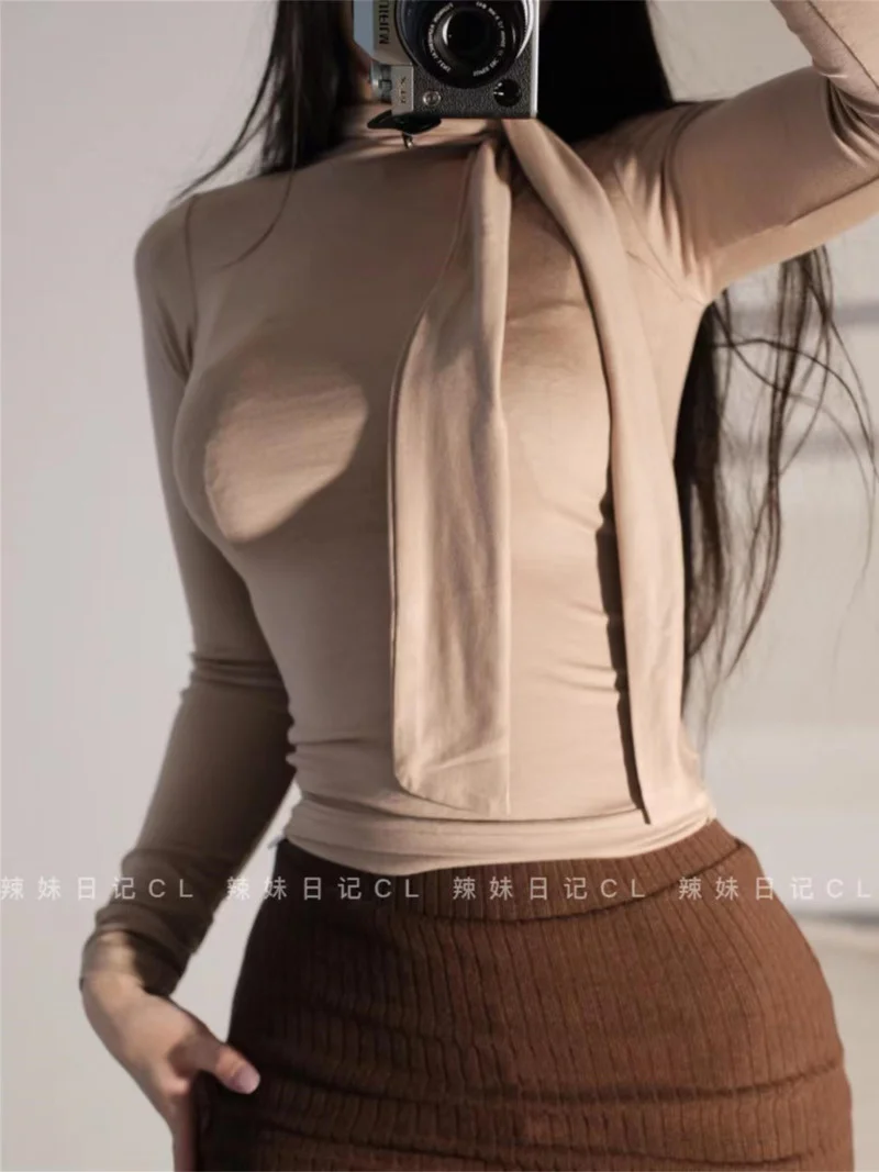 

Корейская острая Женская облегающая сексуальная тонкая водолазка с бантом, кружевная футболка с длинным рукавом, милые футболки, топы C995