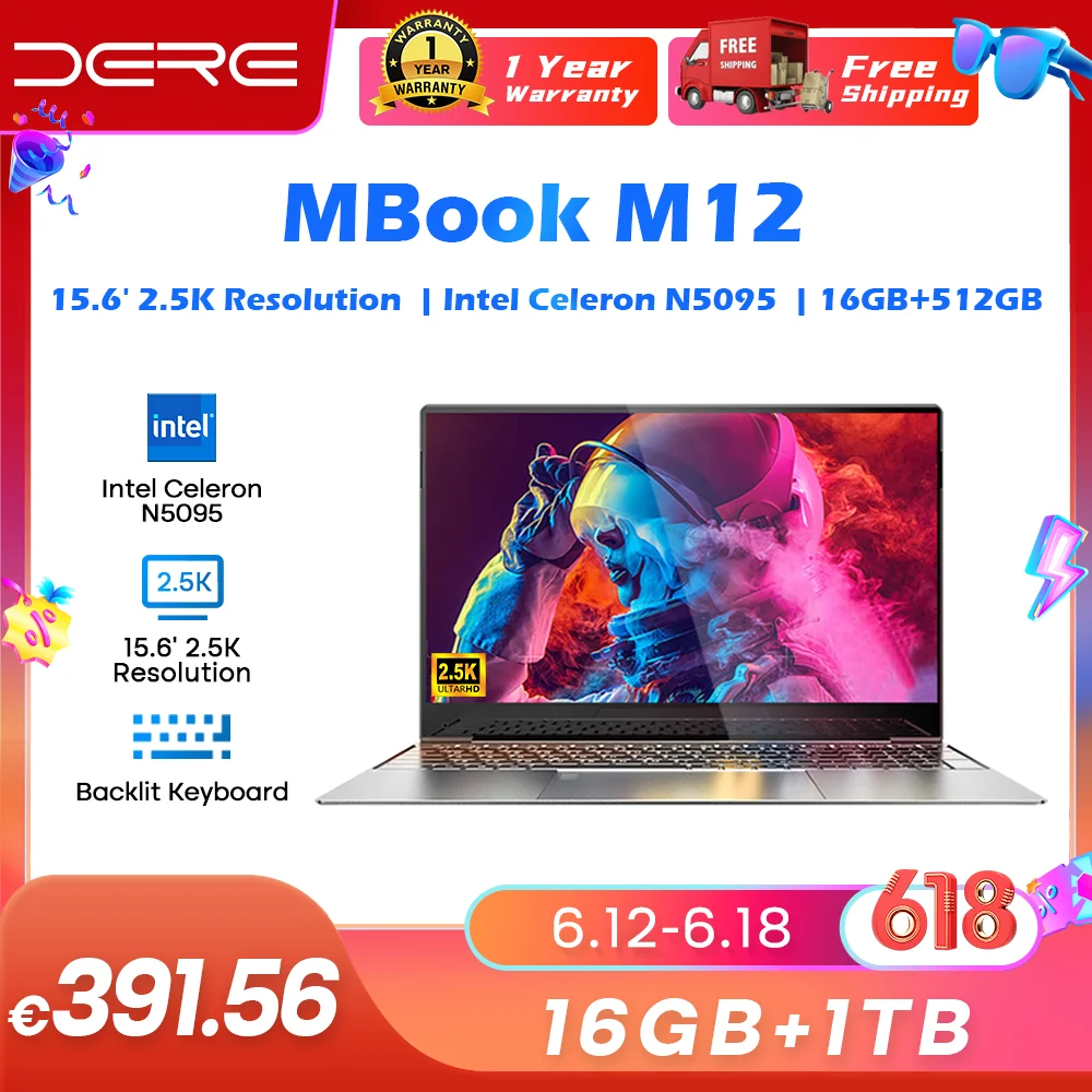 Dere portátil m12 15.6 "2.5k ips 16gb ram 1tb ssd intel celeron n5095 ...