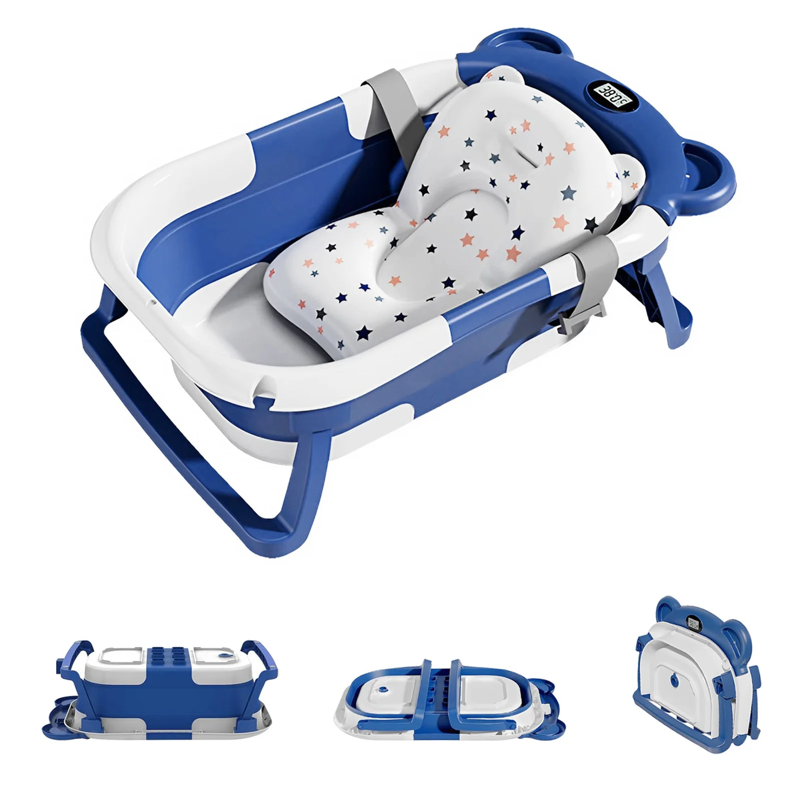 Folding Baby Bath Tub with Temperature Gauge and Cushion for 0-36 Months, Portable and Lightweight for Outdoor Bathing 1