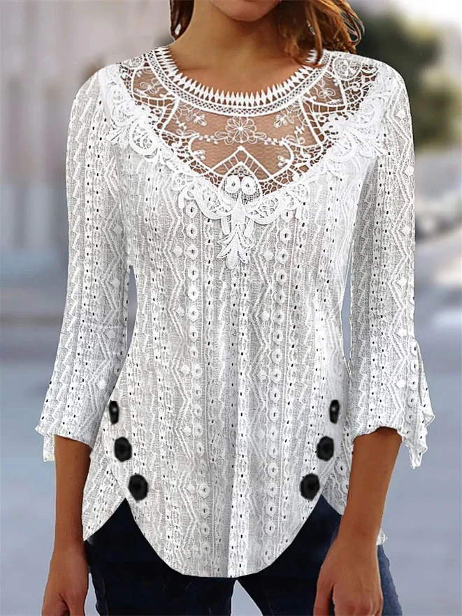 

Plus Size Women's 3/4 Sleeve Scoop Neck Lace Stitching Top