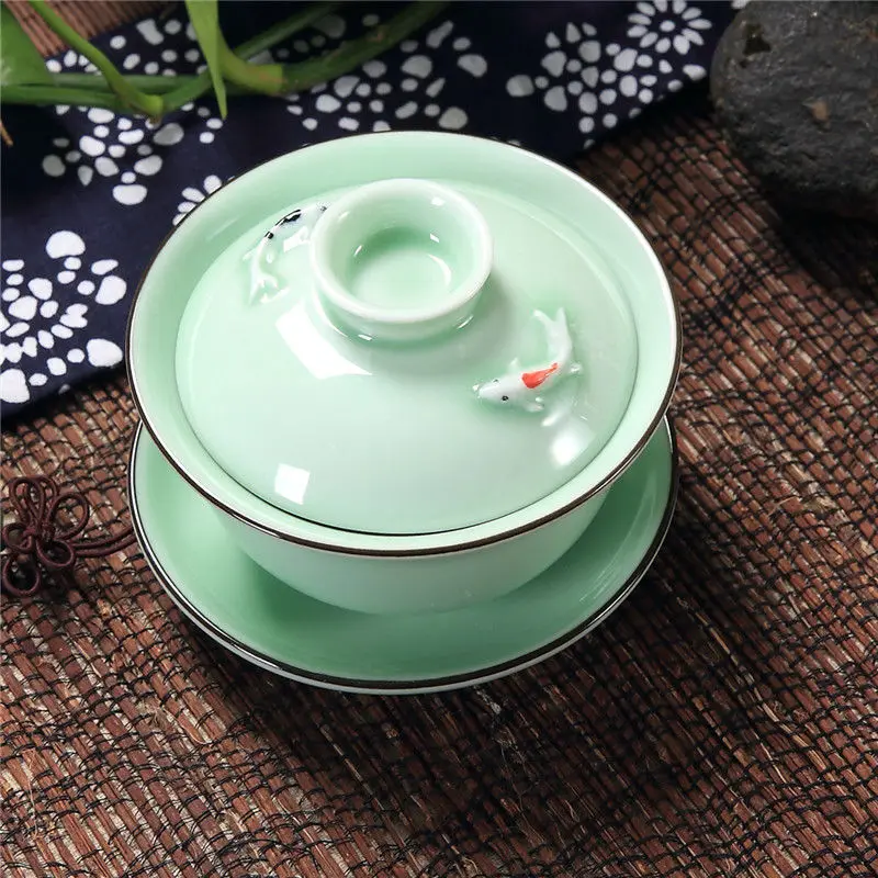 [GRANDNESS] ] Longquan Celadon Gaiwan Gongfu Tea Set 3D Fish Gaiwan Set Tureen Cup 140ml