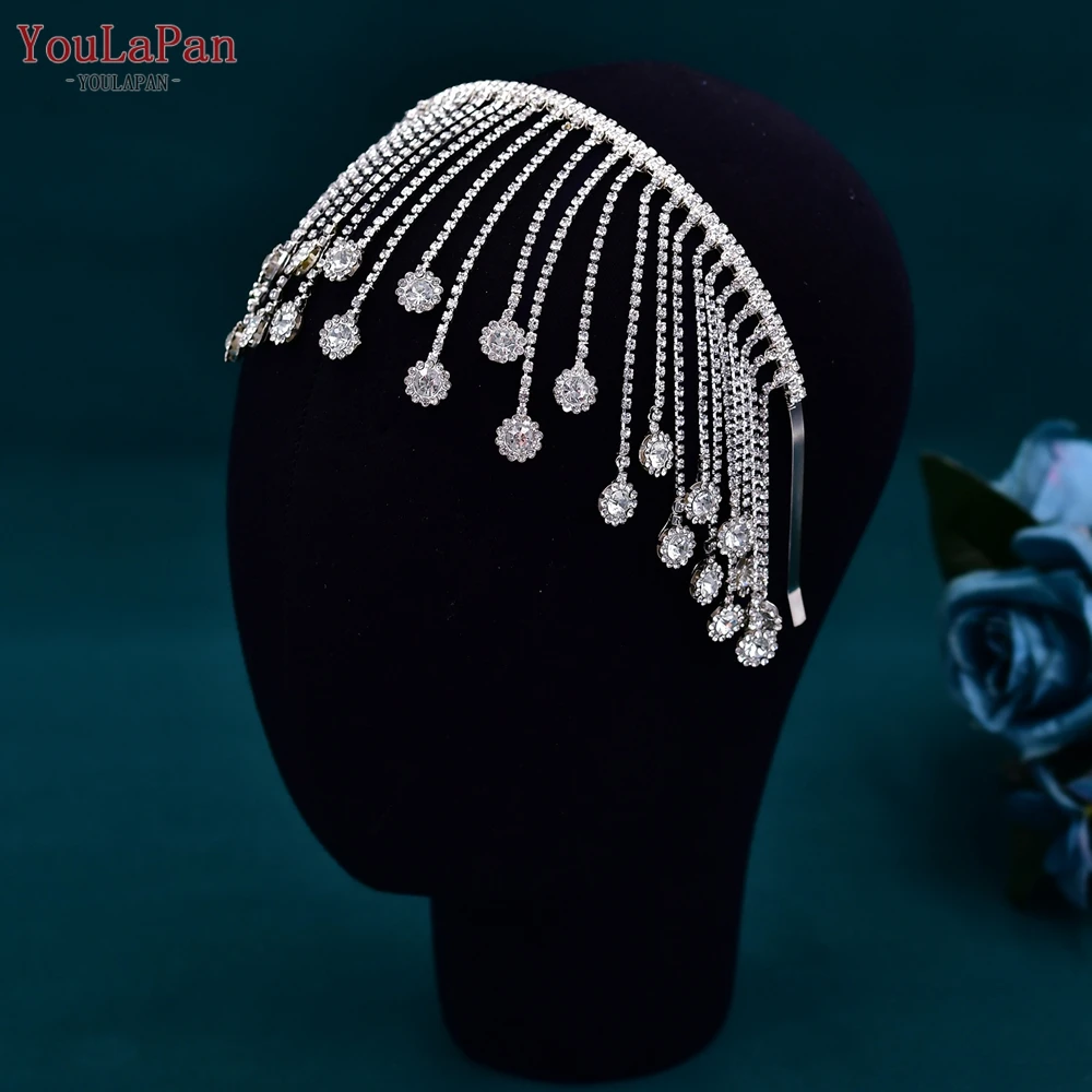 TOPQUEEN Wedding Tassel Headband Forehead Drill Chain Tiara Hair Accessories Bride Headpiece for Party Bridesmaid Gift HP558