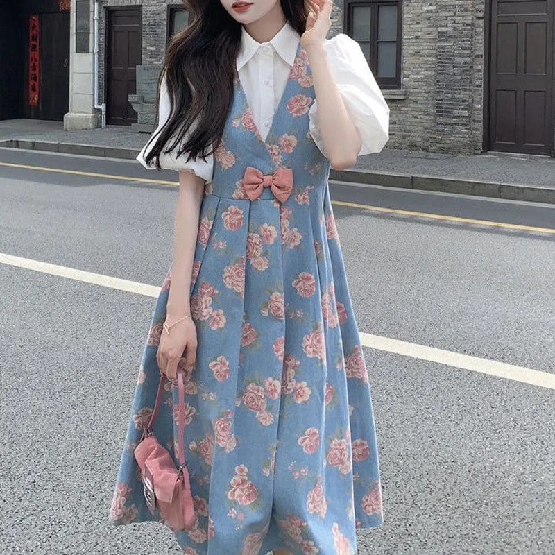 

2023 New Summer Academy Style Fashion Set High Waist Slim Fragmented Flower Dress White Bubble Sleeve Top Two Piece Set