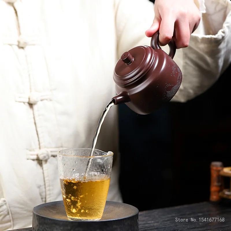 270ml Capacity Chinese Yixing High-end Raw ore purple vermilion mud Teapot, Famous Artists Hand-carved Kettle Zisha Tea Set, 1Pc